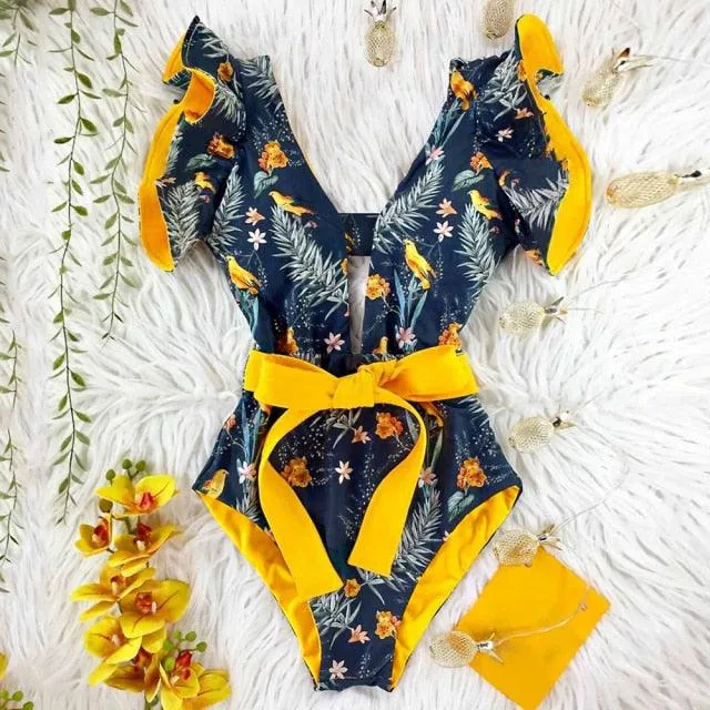 2022 New Sexy Ruffle Print Floral One Piece Off The Shoulder Swimwear