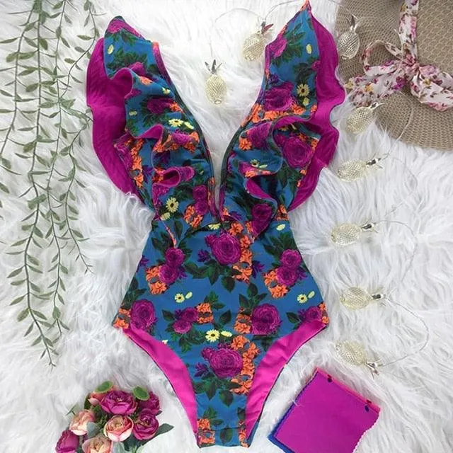 2022 New Sexy Ruffle Print Floral One Piece Off The Shoulder Swimwear