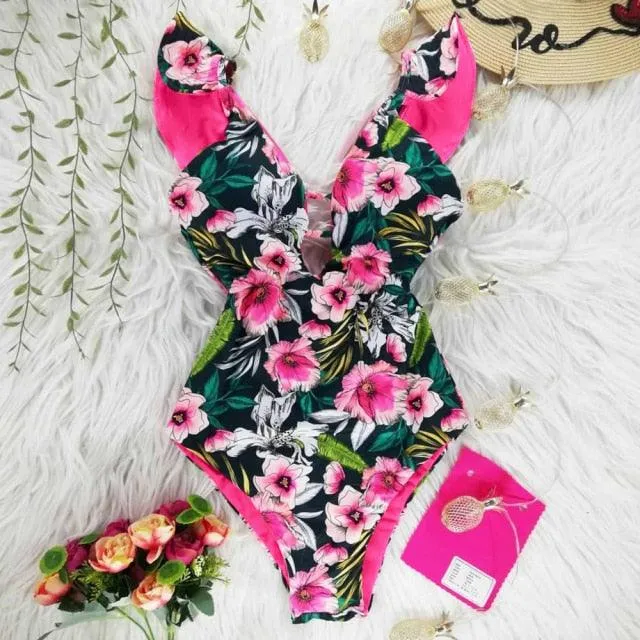 2022 New Sexy Ruffle Print Floral One Piece Off The Shoulder Swimwear