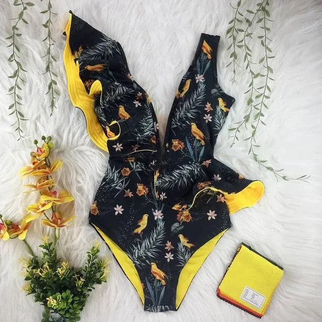 2022 New Sexy Ruffle Print Floral One Piece Off The Shoulder Swimwear