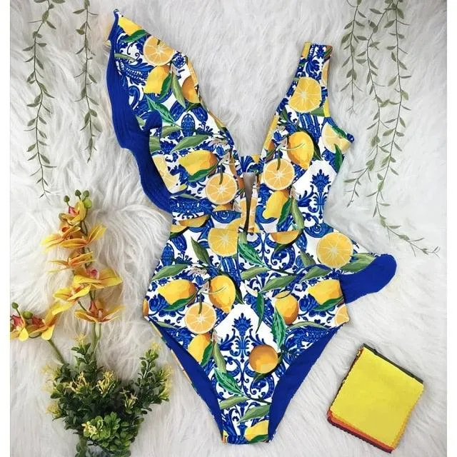 2022 New Sexy Ruffle Print Floral One Piece Off The Shoulder Swimwear