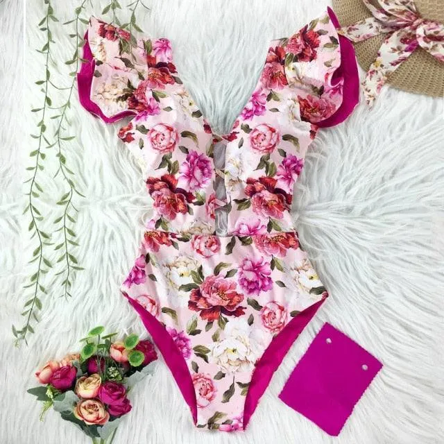 2022 New Sexy Ruffle Print Floral One Piece Off The Shoulder Swimwear