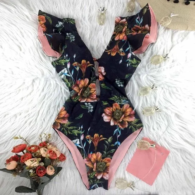 2022 New Sexy Ruffle Print Floral One Piece Off The Shoulder Swimwear