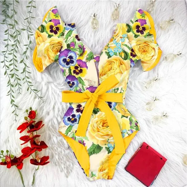 2022 New Sexy Ruffle Print Floral One Piece Off The Shoulder Swimwear