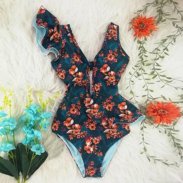 2022 New Sexy Ruffle Print Floral One Piece Off The Shoulder Swimwear