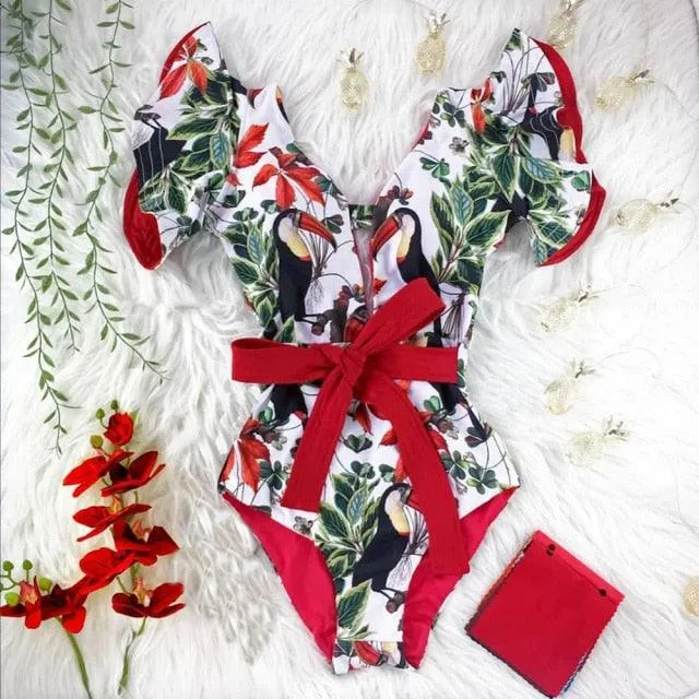 2022 New Sexy Ruffle Print Floral One Piece Off The Shoulder Swimwear