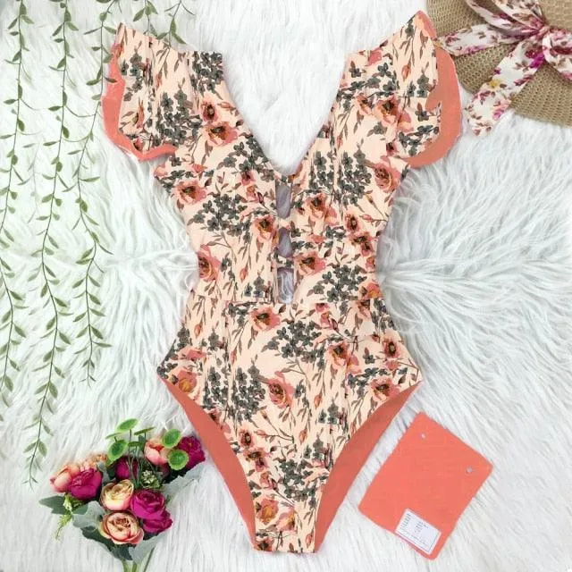 2022 New Sexy Ruffle Print Floral One Piece Off The Shoulder Swimwear