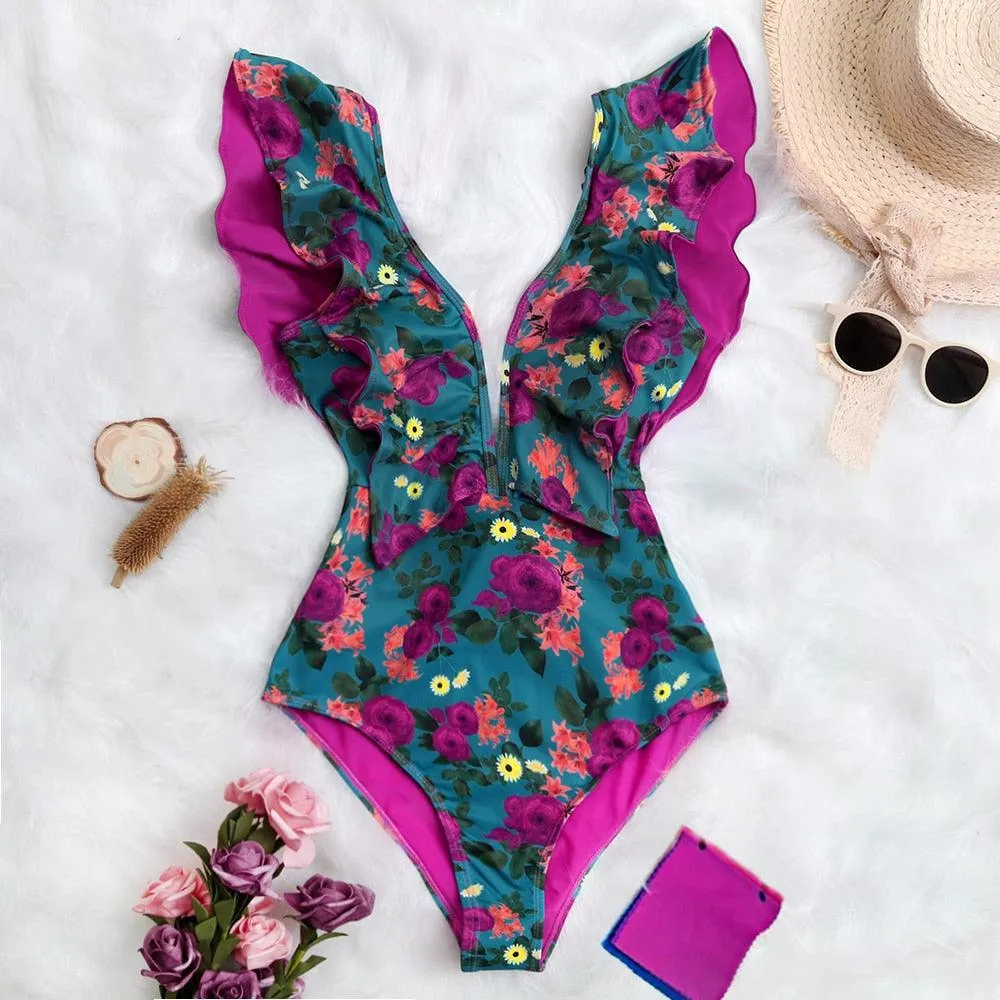 2022 New Sexy Ruffle Print Floral One Piece Off The Shoulder Swimwear