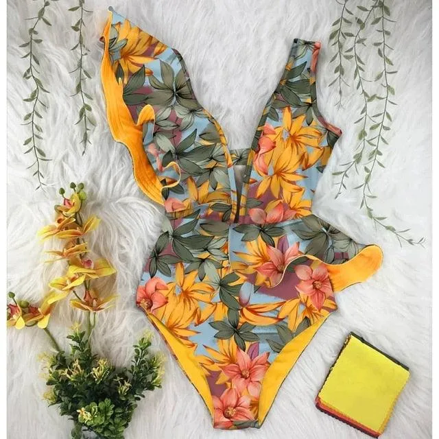 2022 New Sexy Ruffle Print Floral One Piece Off The Shoulder Swimwear