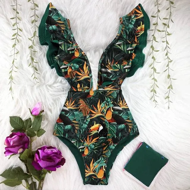 2022 New Sexy Ruffle Print Floral One Piece Off The Shoulder Swimwear