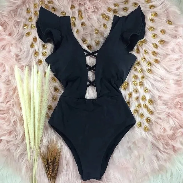 2022 New Sexy Ruffle Print Floral One Piece Off The Shoulder Swimwear