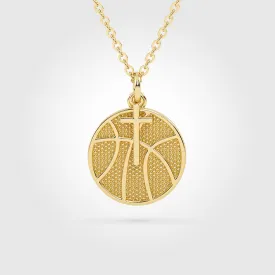 Basketball Necklace w/ Dangle Cross Pendant | Gold