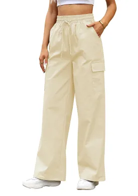 Chalk White Women's Brief Elastic Waist Wide Leg Cargo Pants Stretch Loose Pants Y2K