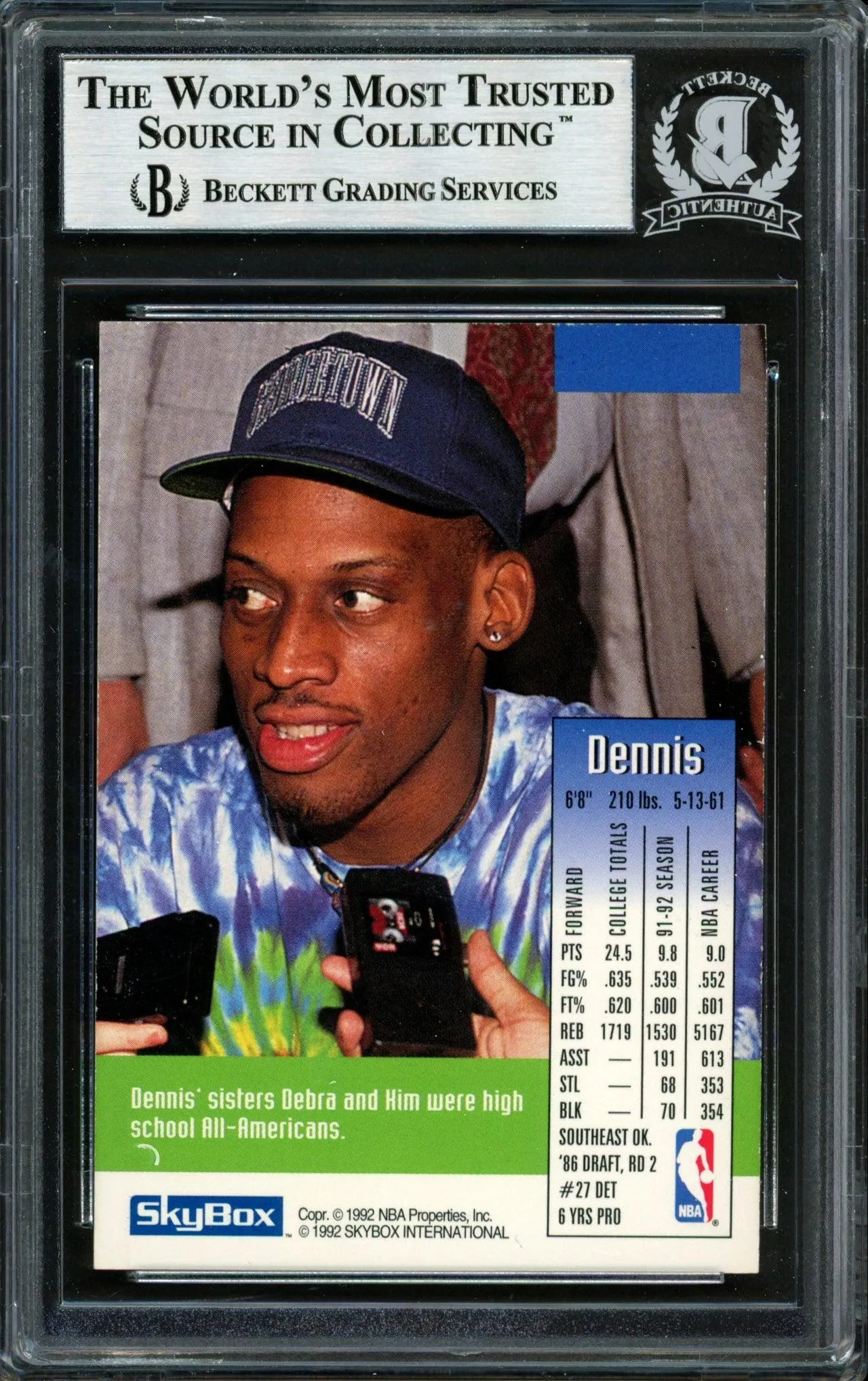 Dennis Rodman Autographed 1992-93 Skybox Card Detroit Pistons No Card Number Beckett BAS #12518287