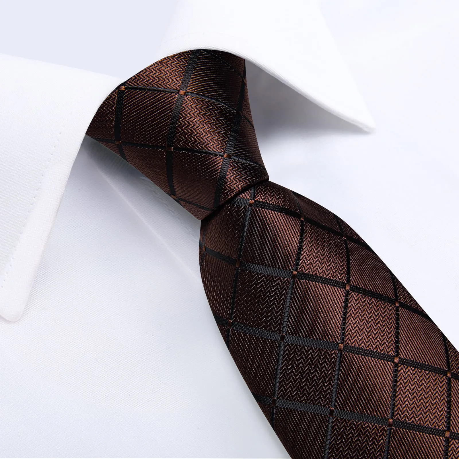 DiBanGu Dress Tie Deep Brown Plaid Men's Silk Tie Pocket Square Cufflinks Set