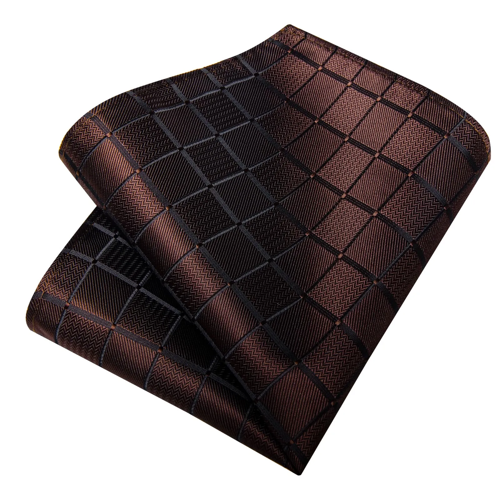 DiBanGu Dress Tie Deep Brown Plaid Men's Silk Tie Pocket Square Cufflinks Set