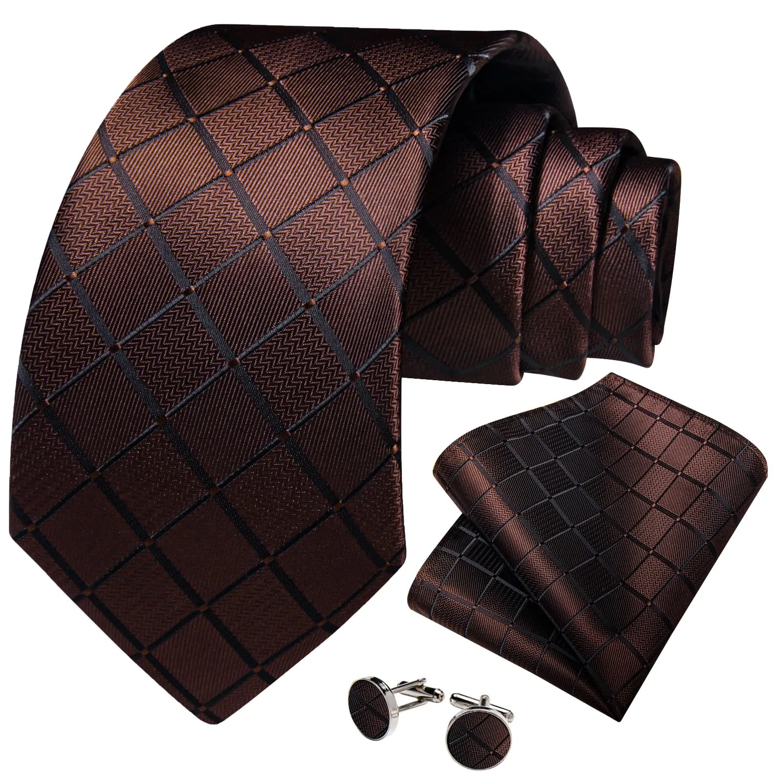 DiBanGu Dress Tie Deep Brown Plaid Men's Silk Tie Pocket Square Cufflinks Set