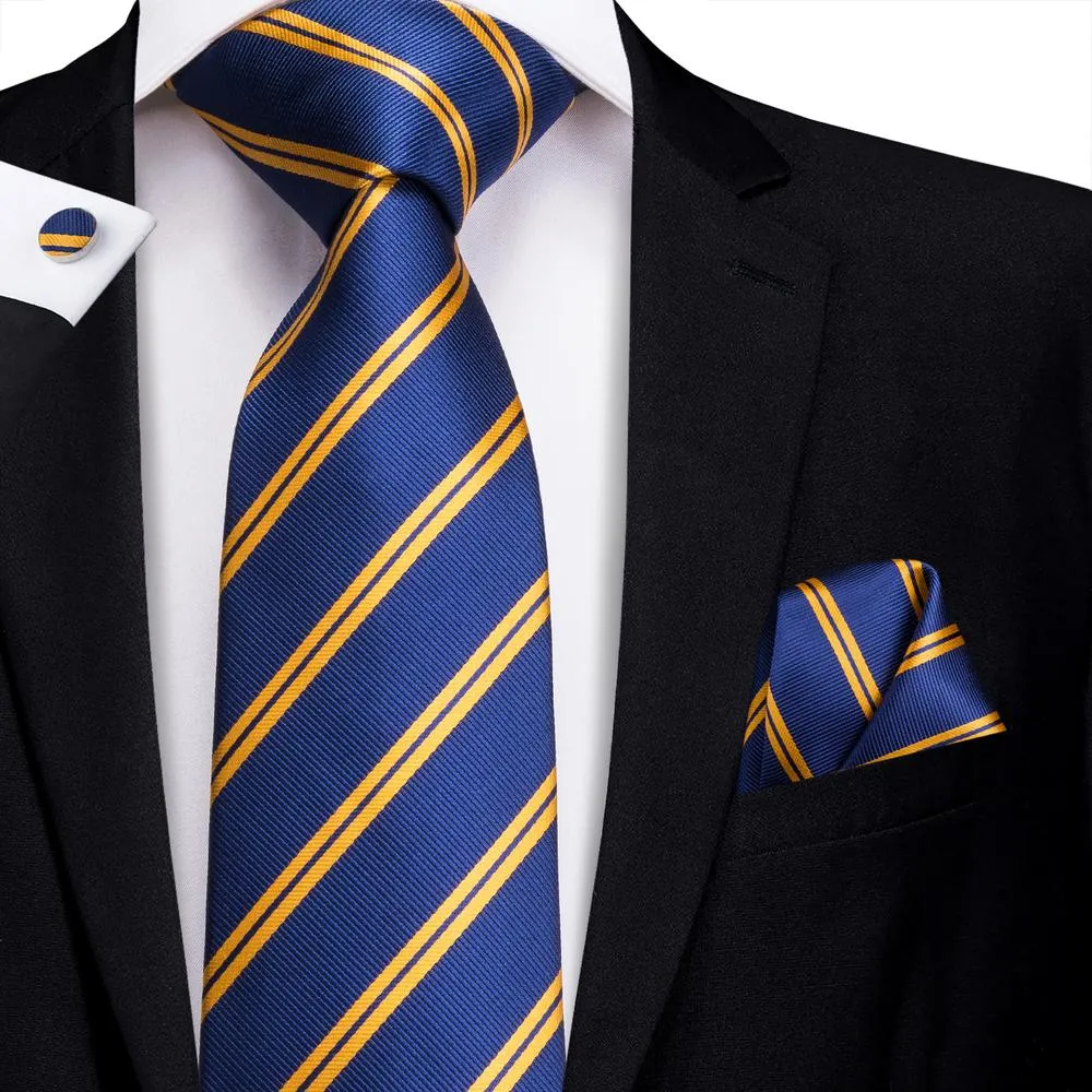 DiBanGu Men's Tie Blue Gold Striped Silk Tie Pocket Square Cufflinks Set