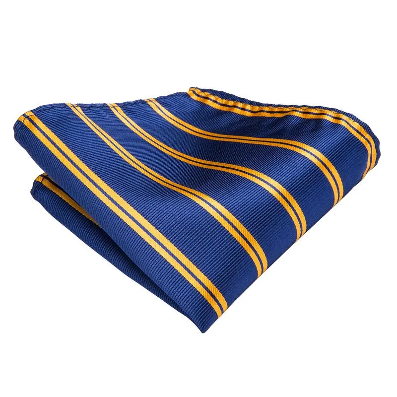 DiBanGu Men's Tie Blue Gold Striped Silk Tie Pocket Square Cufflinks Set