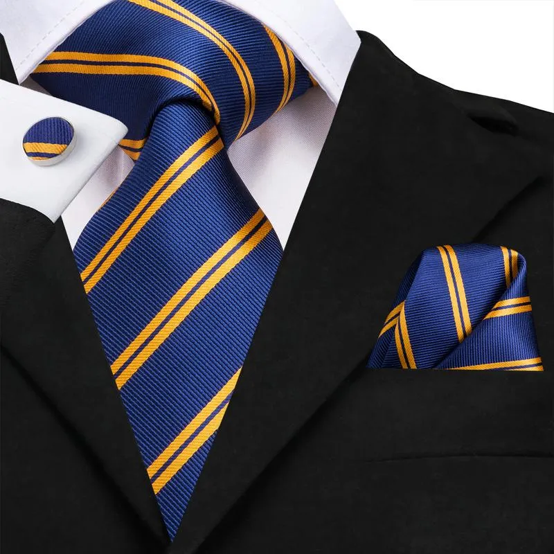 DiBanGu Men's Tie Blue Gold Striped Silk Tie Pocket Square Cufflinks Set