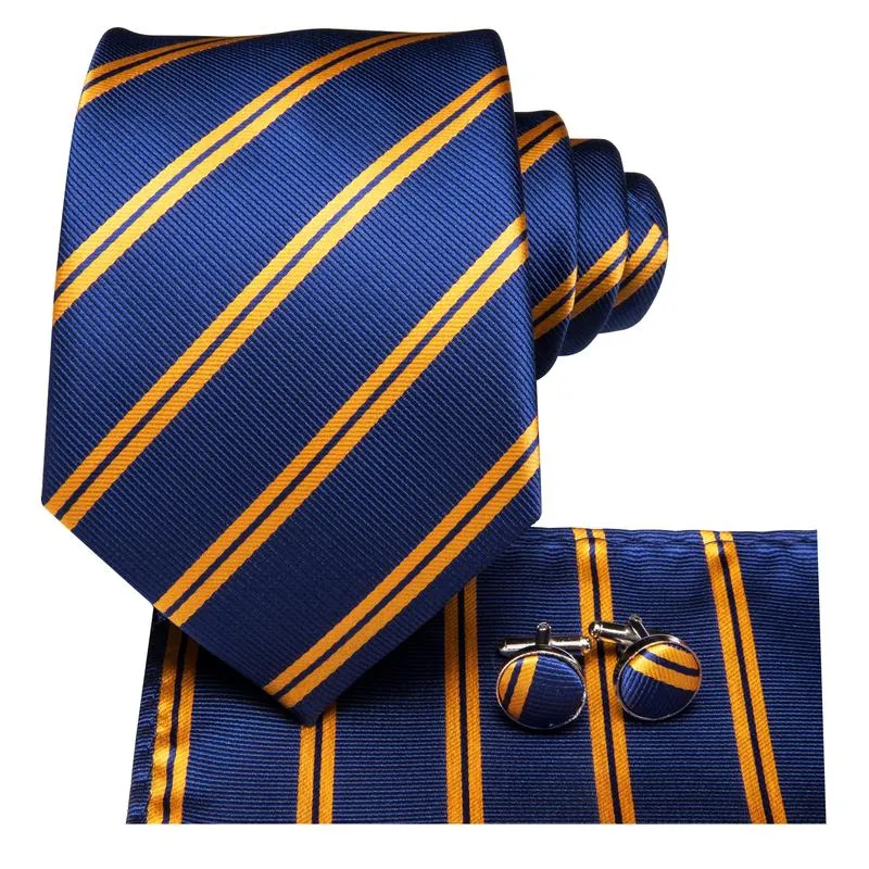 DiBanGu Men's Tie Blue Gold Striped Silk Tie Pocket Square Cufflinks Set