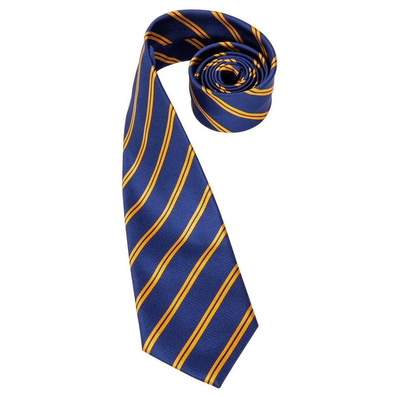 DiBanGu Men's Tie Blue Gold Striped Silk Tie Pocket Square Cufflinks Set