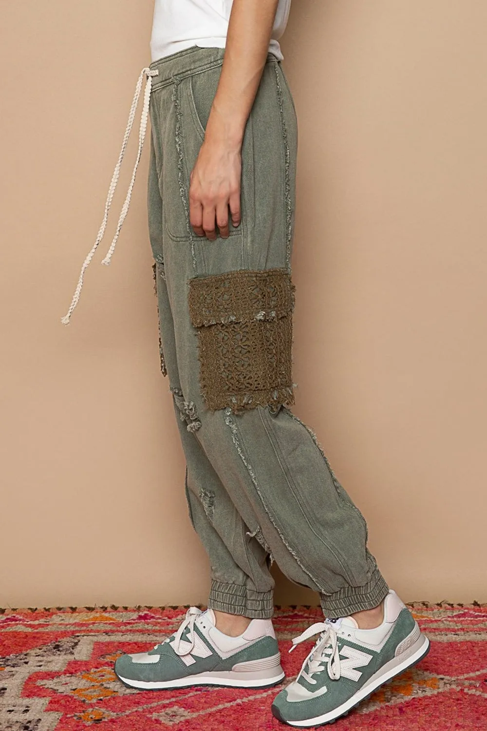 Distressed Cargo Denim Jogger with Crochet Pockets