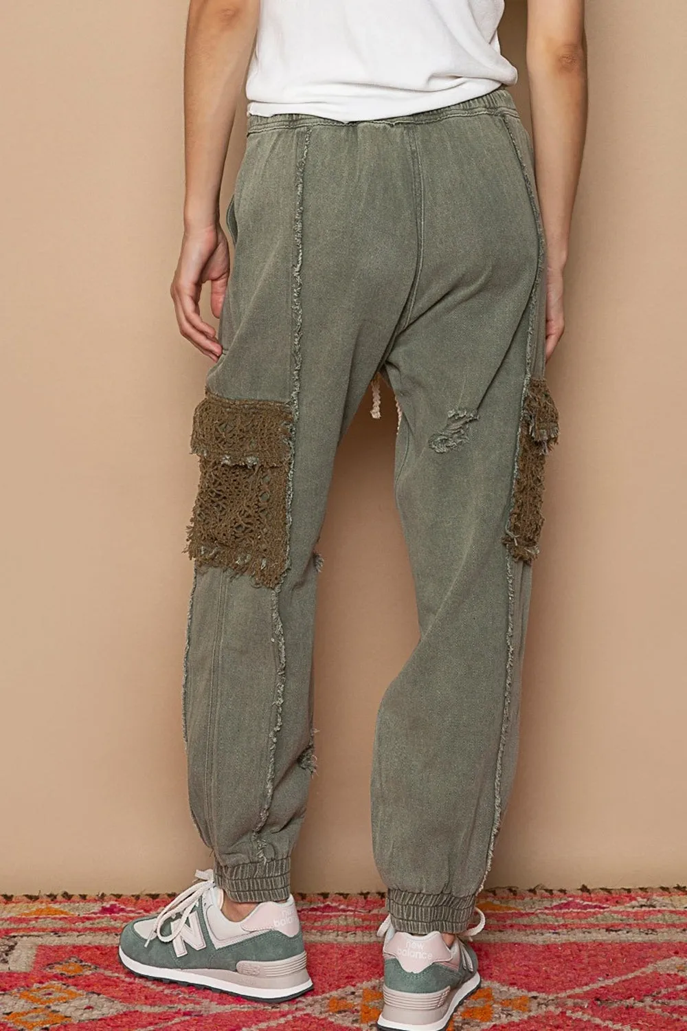 Distressed Cargo Denim Jogger with Crochet Pockets