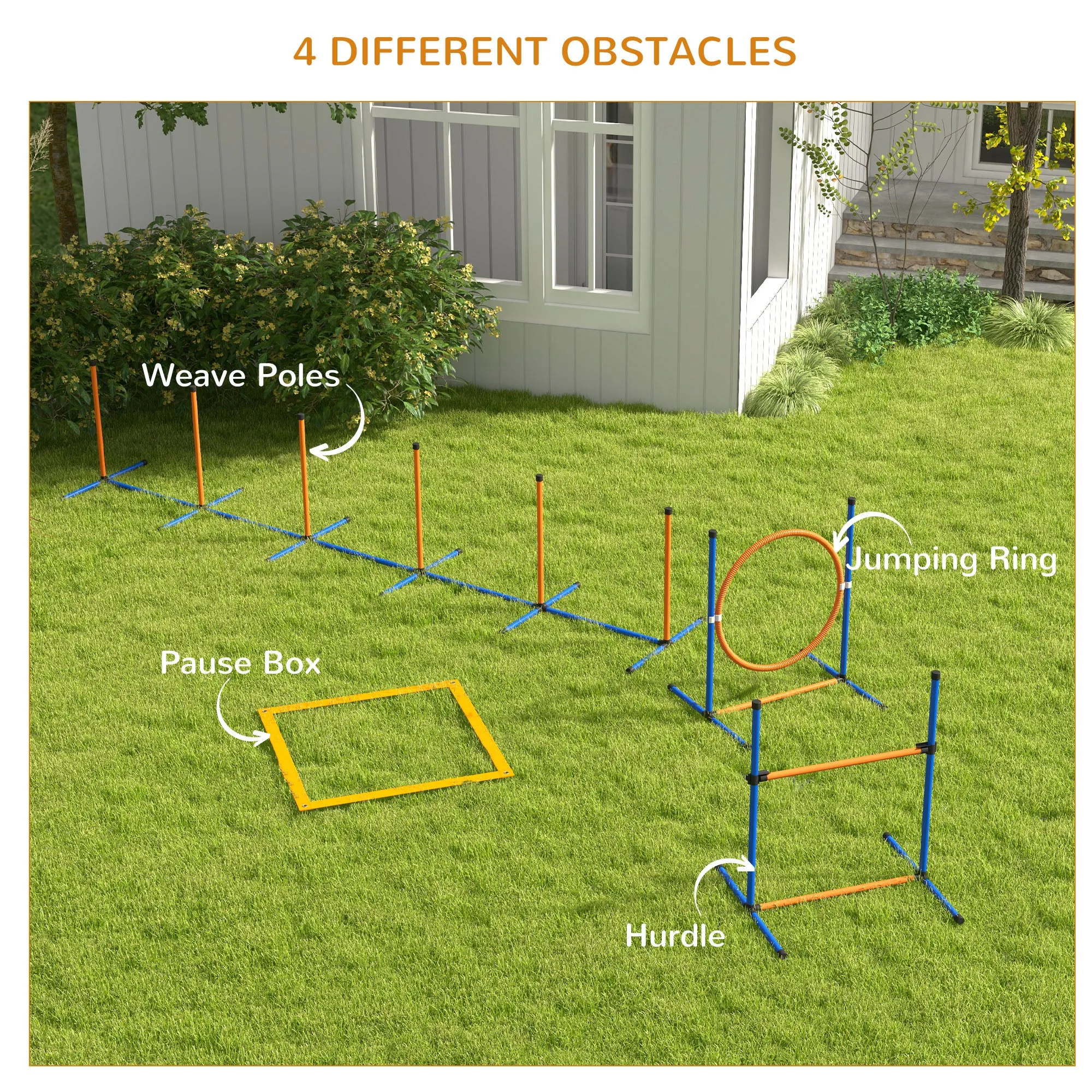 Five-Piece Dog Agility Equipment Set with Weave Poles, Jump Ring, Hurdle, Pause Box, Training Shorts, Bag, Orange