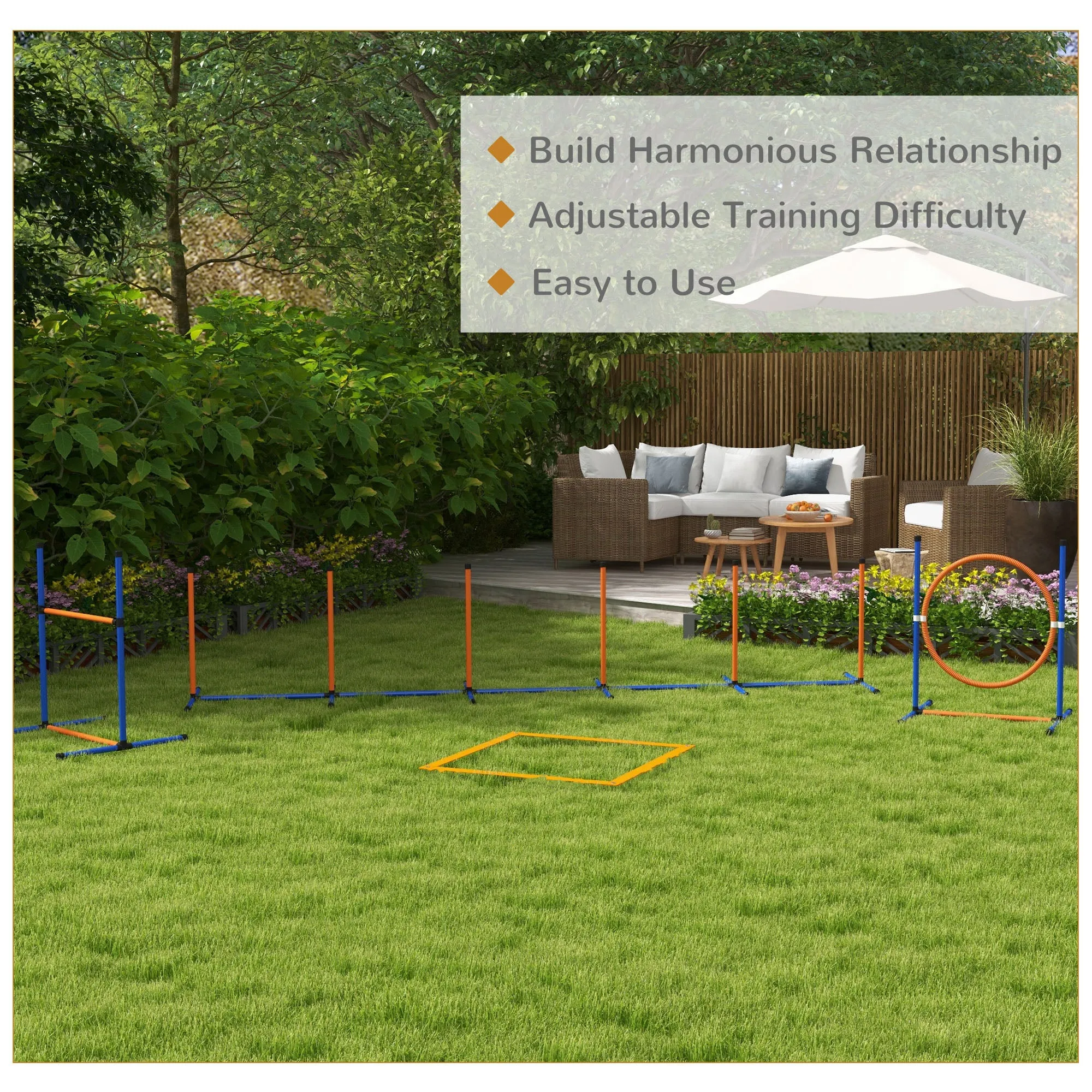 Five-Piece Dog Agility Equipment Set with Weave Poles, Jump Ring, Hurdle, Pause Box, Training Shorts, Bag, Orange