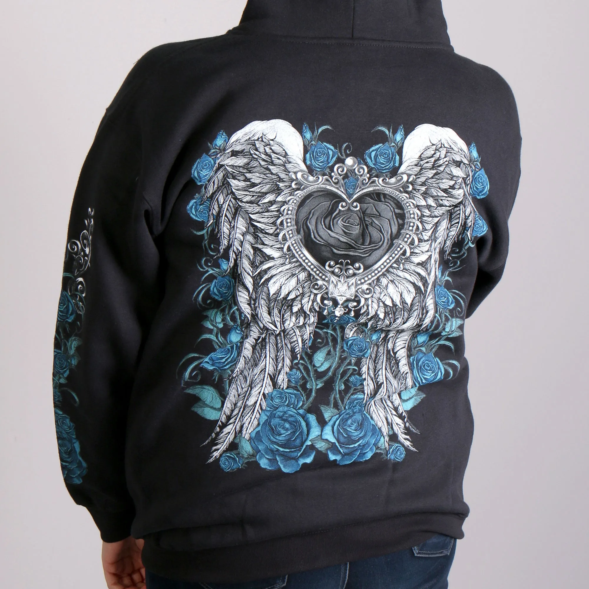 Hot Leathers GLZ4345 Ladies 'Angel Roses' Zip Up Hooded Ladies Black Sweat Shirt