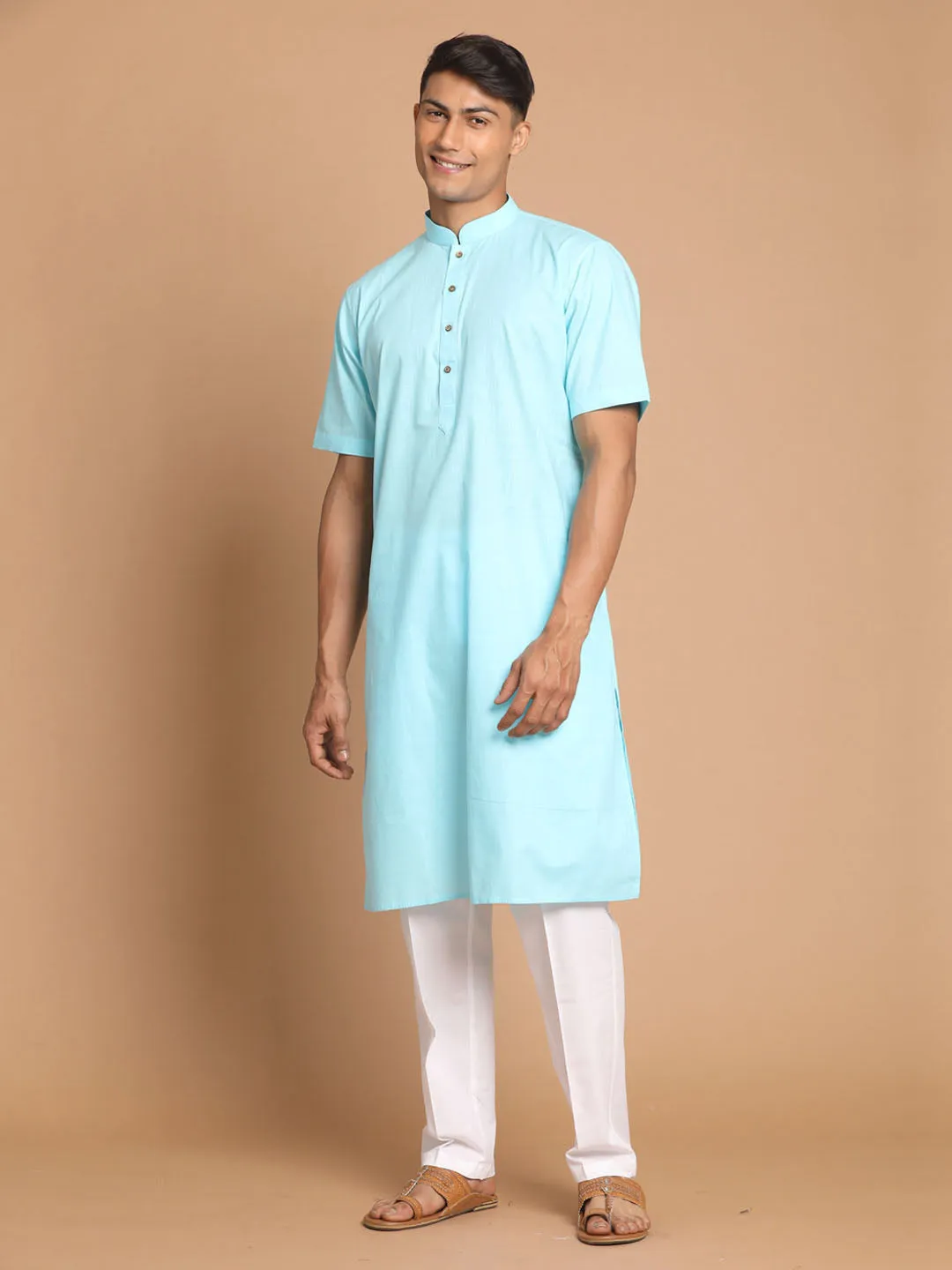 Jashvi Men's Aqua Blue Solid Kurta with White Pant style Cotton Pyjama Set