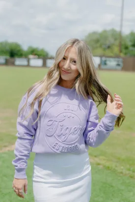 LSU Lavender Puff Letter Sweatshirt