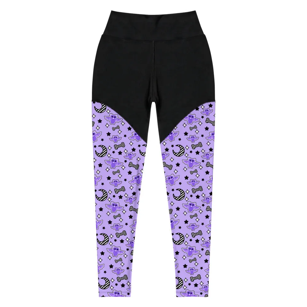 Magical Kawaii Spooky Bats Purple Sports Leggings