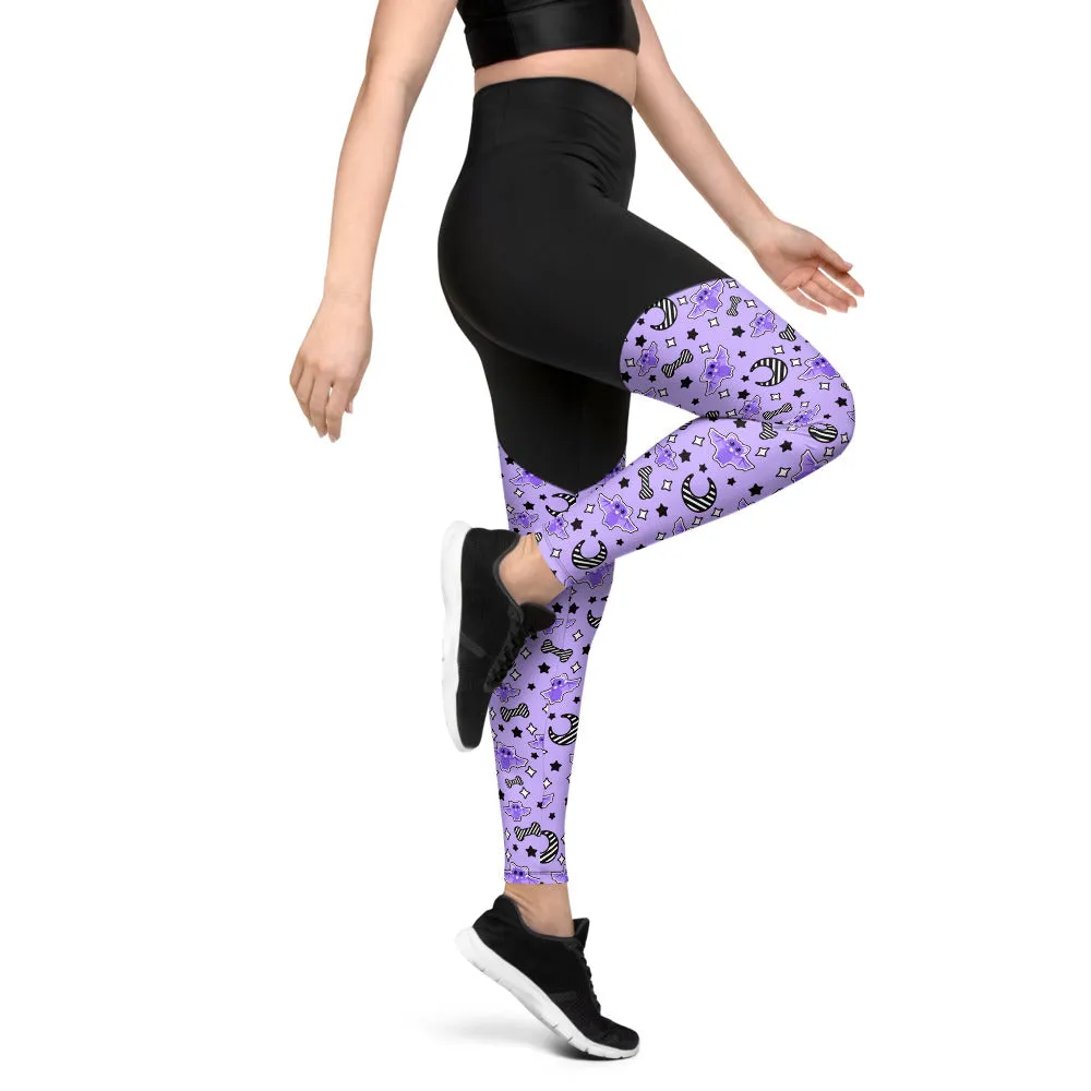 Magical Kawaii Spooky Bats Purple Sports Leggings