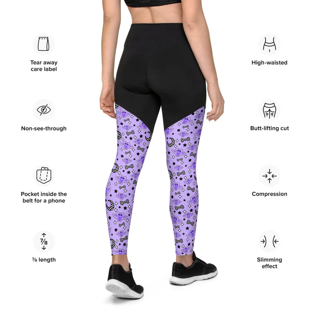 Magical Kawaii Spooky Bats Purple Sports Leggings