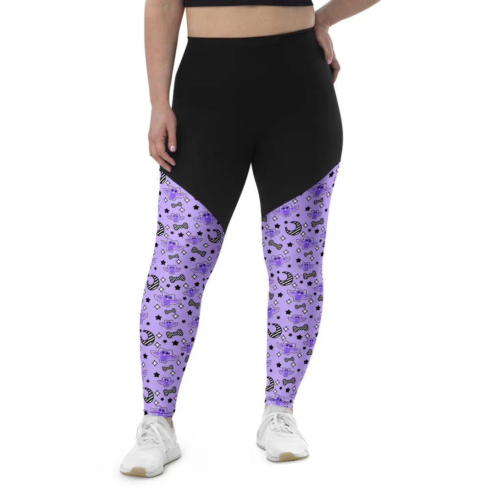 Magical Kawaii Spooky Bats Purple Sports Leggings