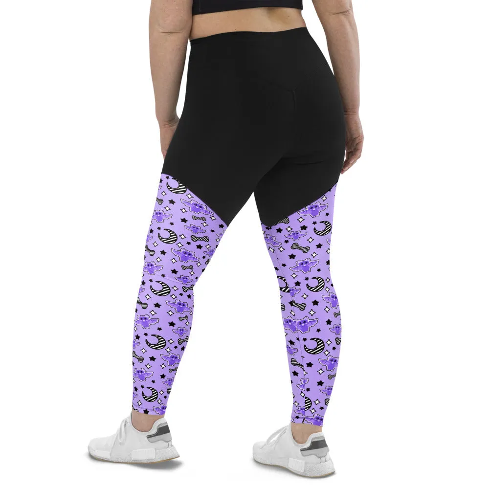 Magical Kawaii Spooky Bats Purple Sports Leggings