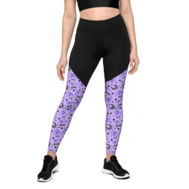 Magical Kawaii Spooky Bats Purple Sports Leggings