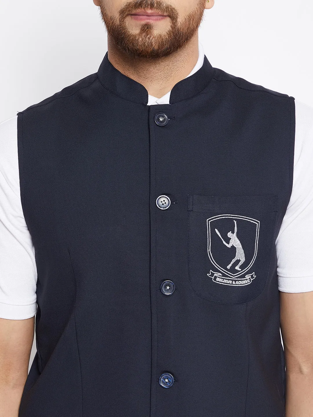 Men's Blue Woven Design Nehru Jacket - Even Apparels