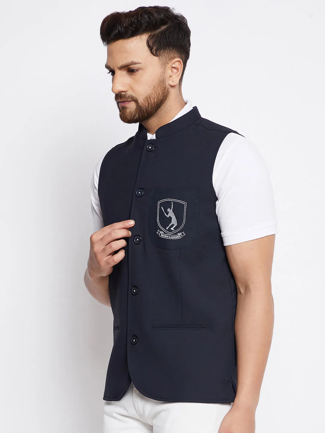 Men's Blue Woven Design Nehru Jacket - Even Apparels