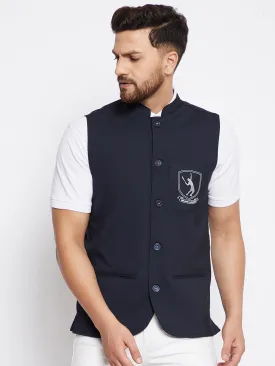 Men's Blue Woven Design Nehru Jacket - Even Apparels