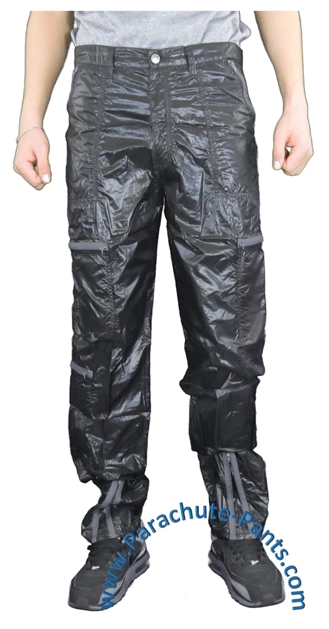 Panno D'Or Black Thin Nylon Parachute Pants with Grey Zippers