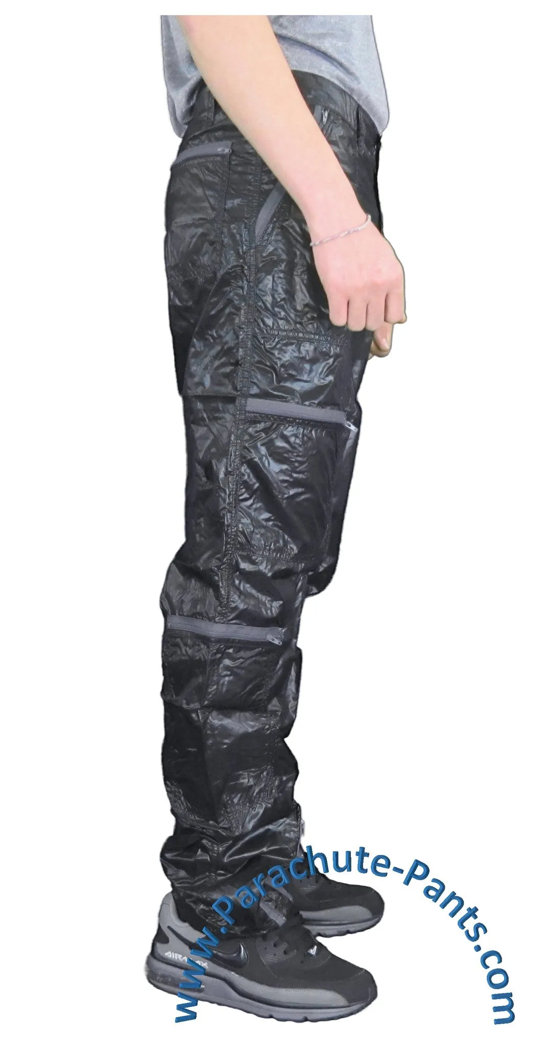 Panno D'Or Black Thin Nylon Parachute Pants with Grey Zippers