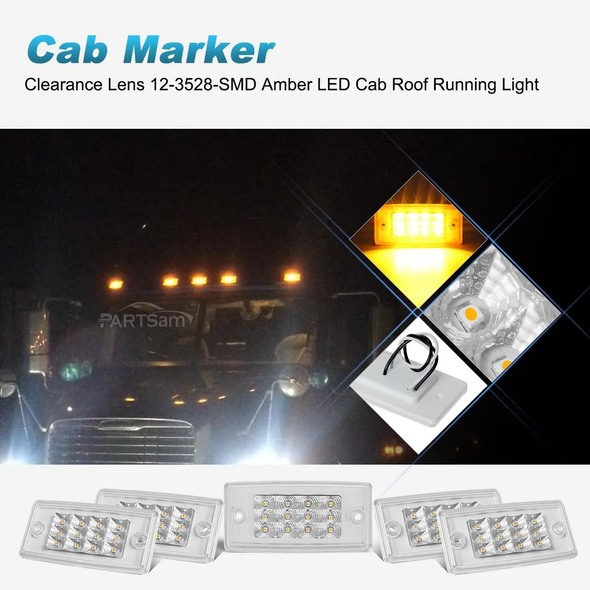 Partsam 5pcs Amber Cab Marker Lights LED Top Roof Running Rectangle Cab Lights 12 LED Reflectors Compatible with Freightliner Century/Columbia Roof Cab Marker Clearance Lights Sealed Waterproof