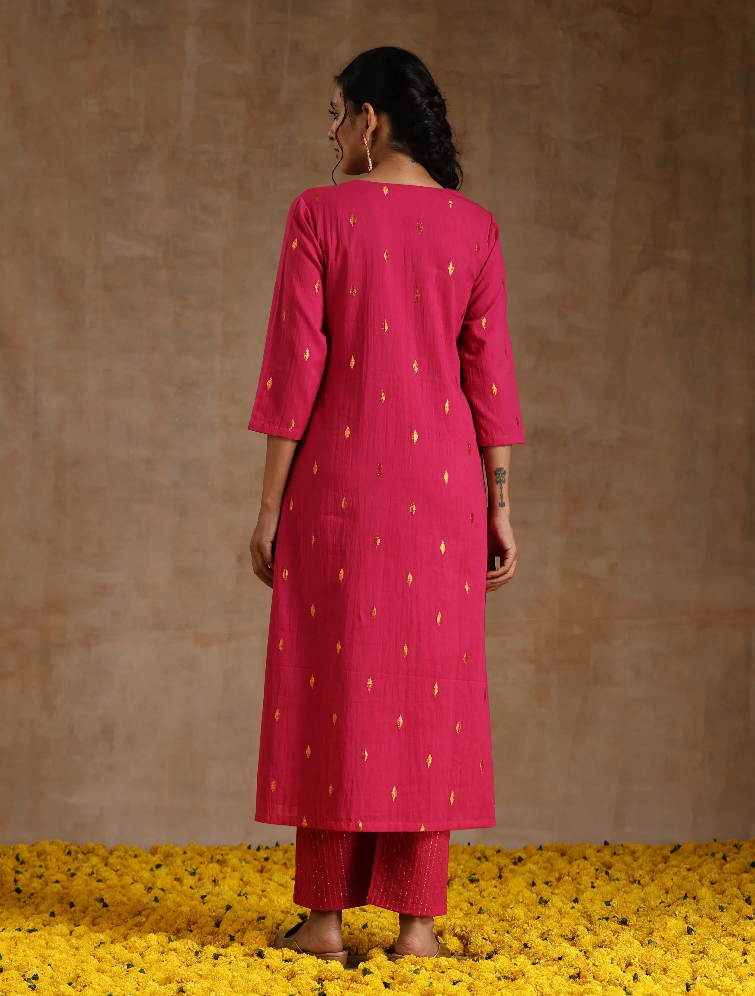 Pink Gold Cotton Yoke Kurta Set