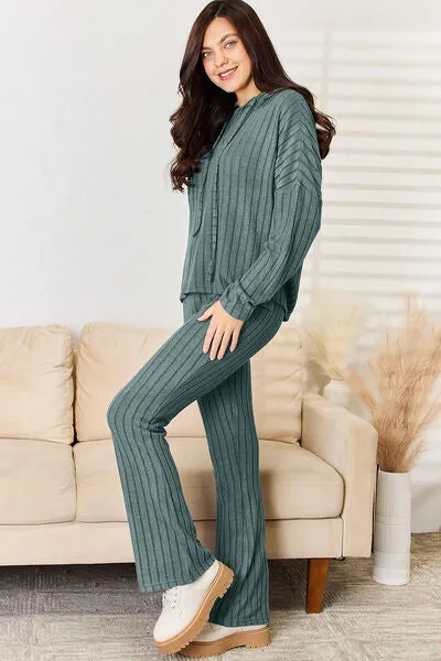 Ribbed Hood Top and Straight Pants Set