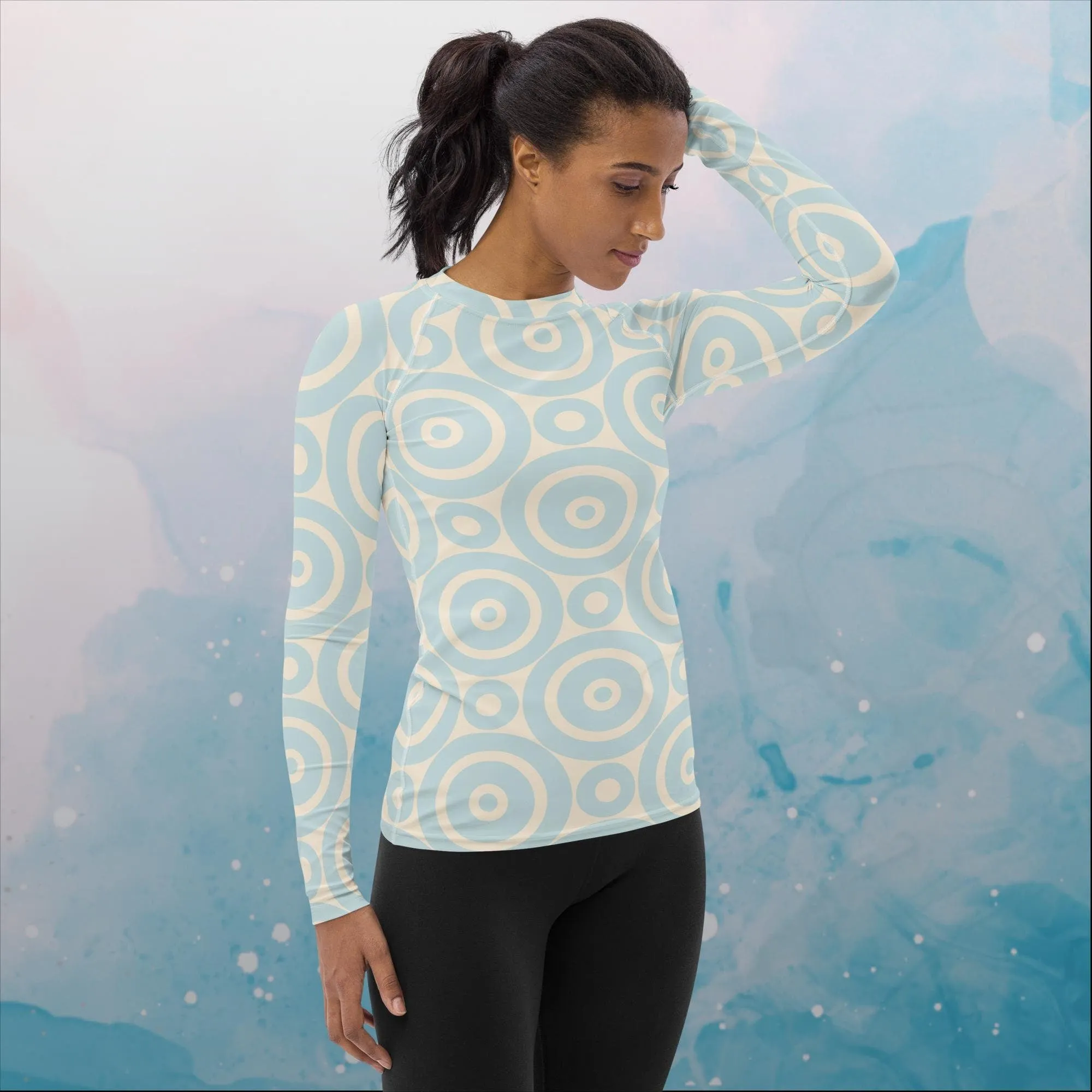 Robins Egg Blue Printed Target Circles Womens Rash Guard