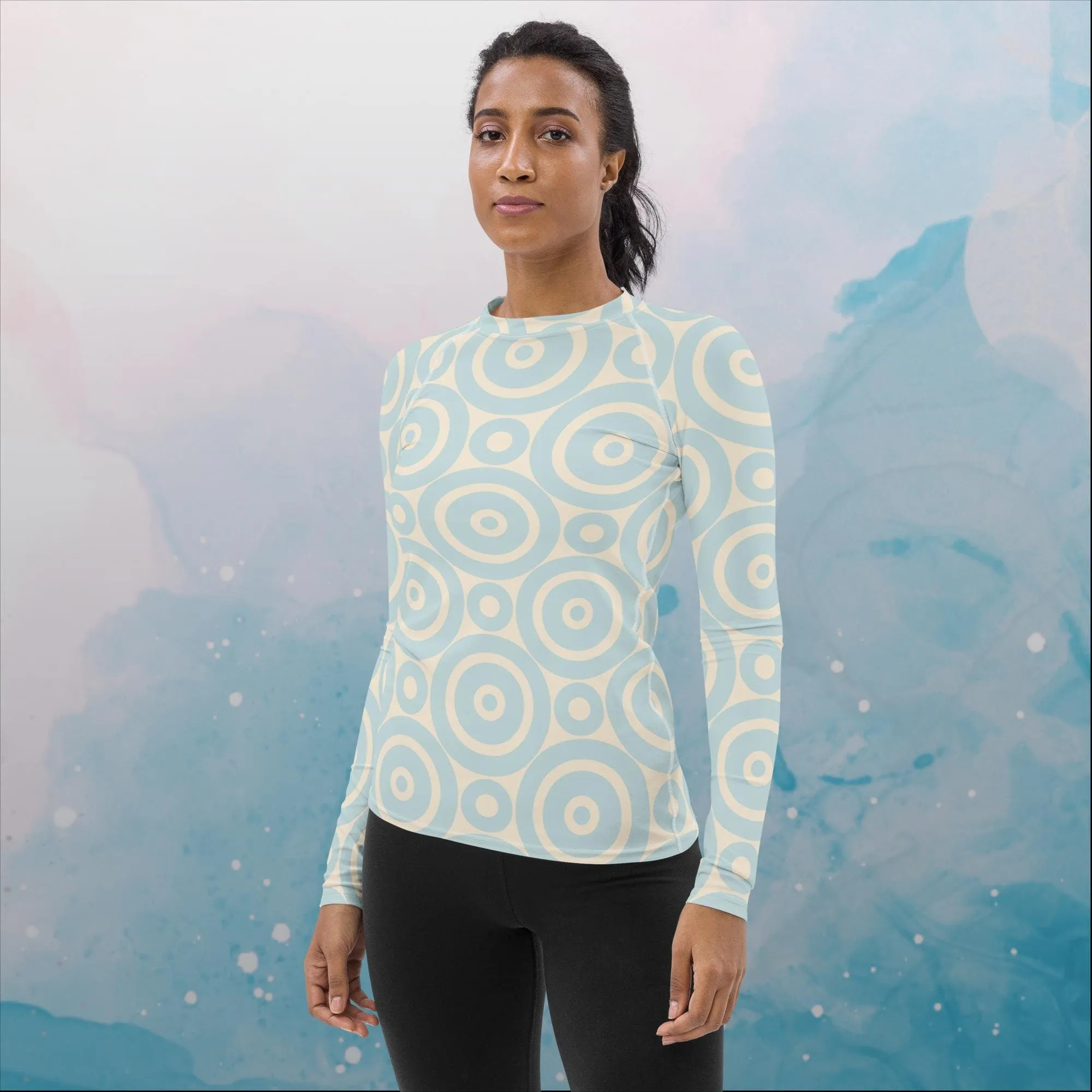 Robins Egg Blue Printed Target Circles Womens Rash Guard