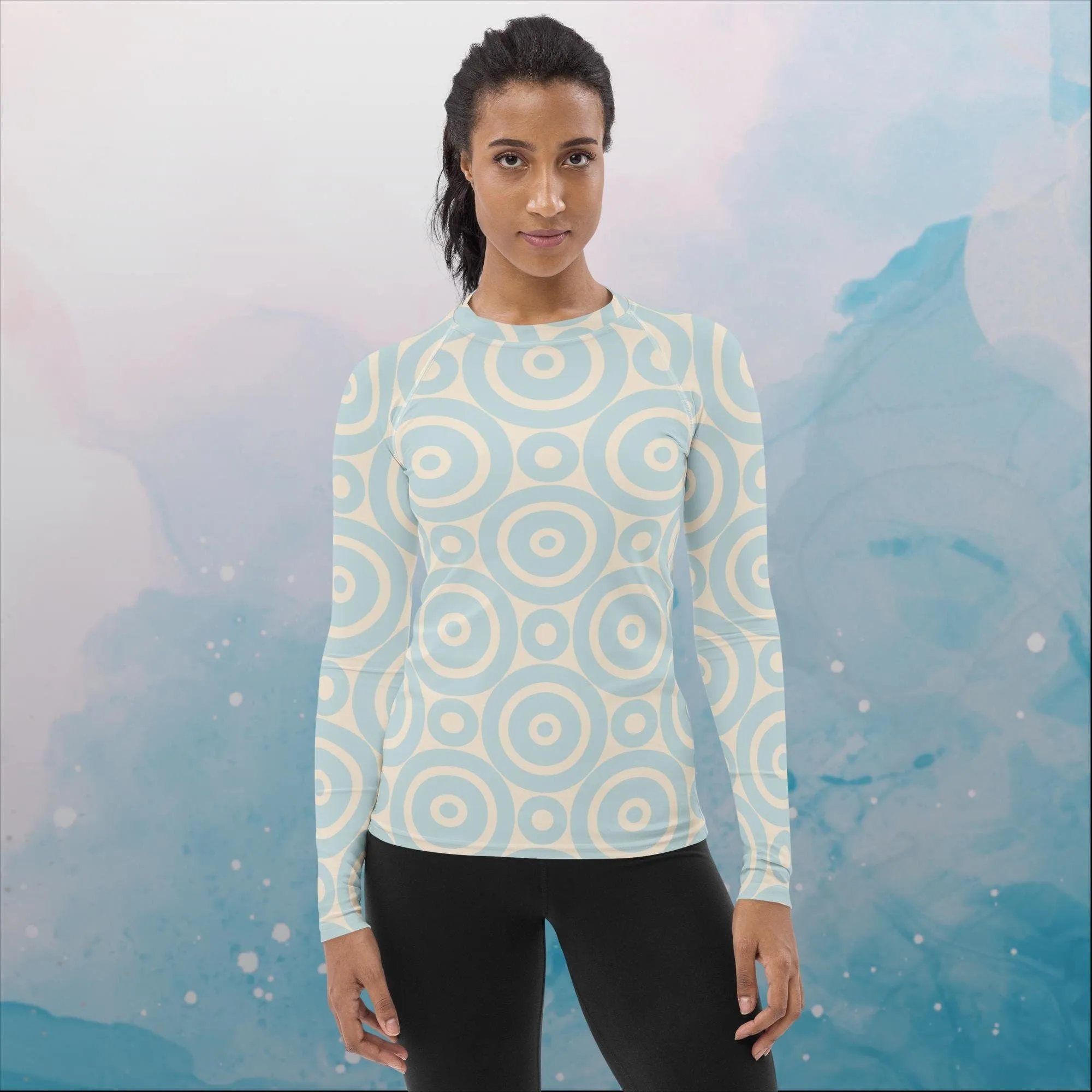 Robins Egg Blue Printed Target Circles Womens Rash Guard